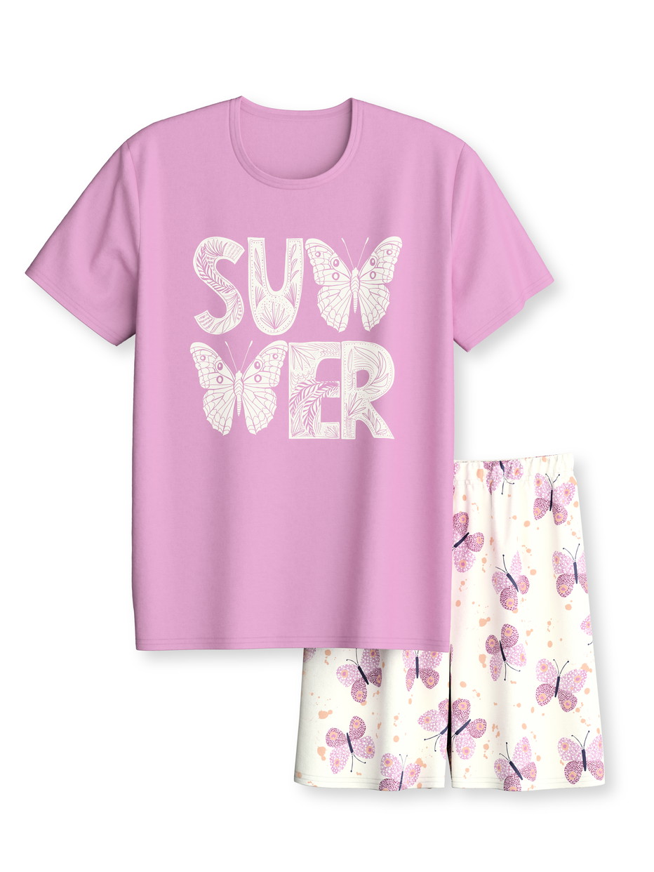 Kinder - Kurz-Pyjama aus 100% Baumwolle in Rosa, Gemustert aus Serie Kids Butterfly von CALIDA, Vorderansicht, Weißer Hintergrund
