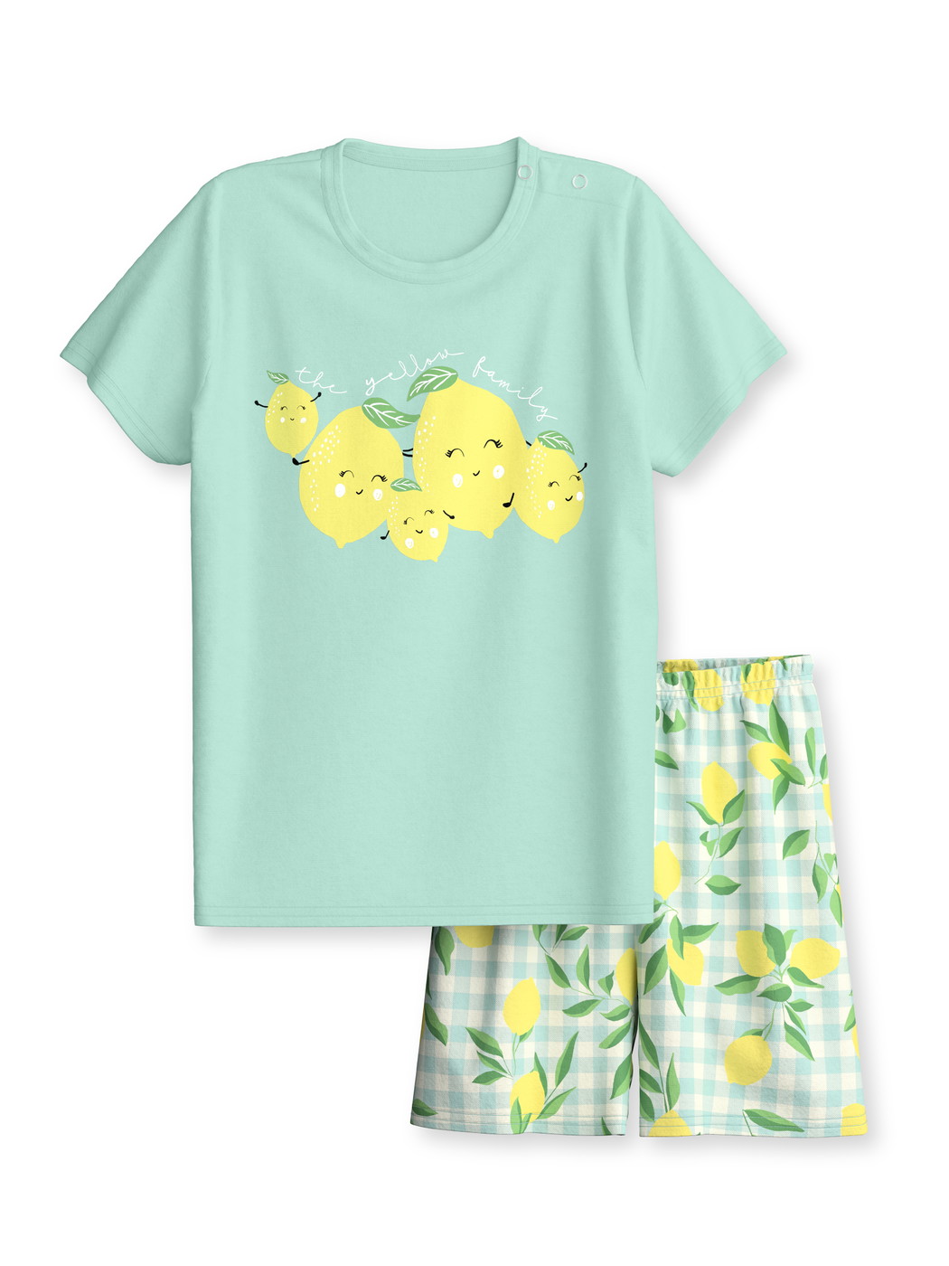 Figli - Pigiama corto in puro cotone organico in 100% cotone di colore Verde, Modello, della serie Toddlers Fruits di CALIDA, Vista frontale, Sfondo bianco
