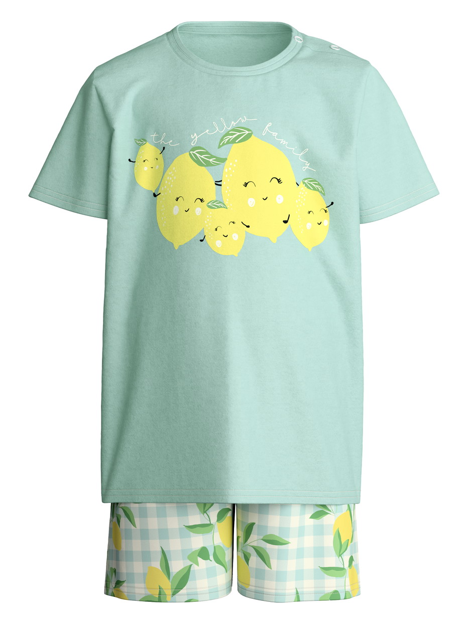 Figli - Pigiama corto in puro cotone organico in 100% cotone di colore Verde, Modello, della serie Toddlers Fruits di CALIDA