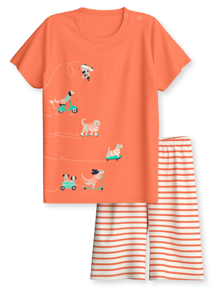 Figli - Pigiama corto in puro cotone organico in 100% cotone di colore Arancione, Modello, della serie Toddlers Scooter di CALIDA, Vista frontale, Sfondo bianco