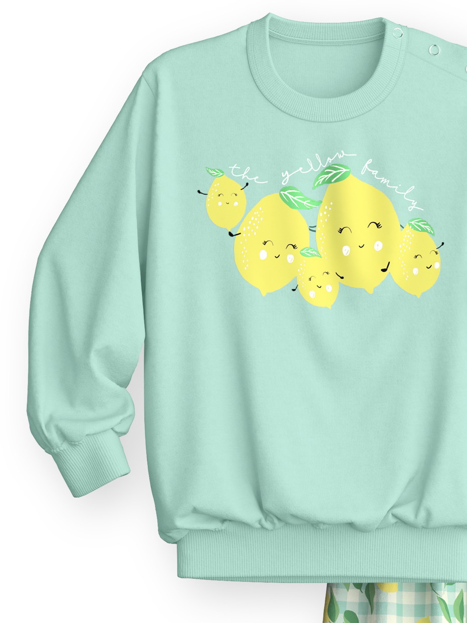 Figli - Pigiama con polsini in 100% cotone di colore Verde, Modello, della serie Toddlers Fruits di CALIDA, Vista frontale, Sfondo bianco