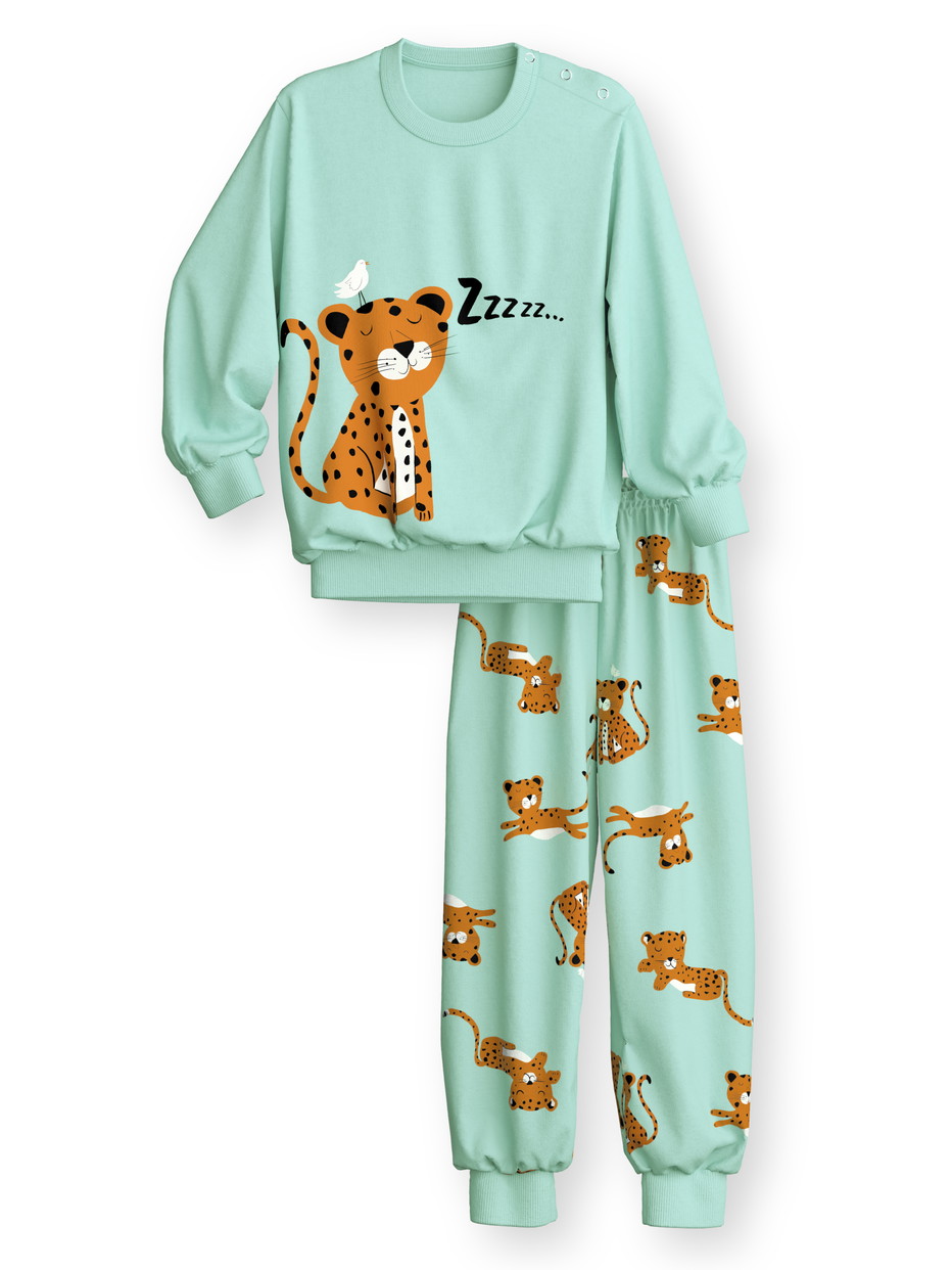 Figli - Pigiama con polsini in 100% cotone di colore Verde, Modello, della serie Toddlers Animals di CALIDA, Vista frontale, Sfondo bianco