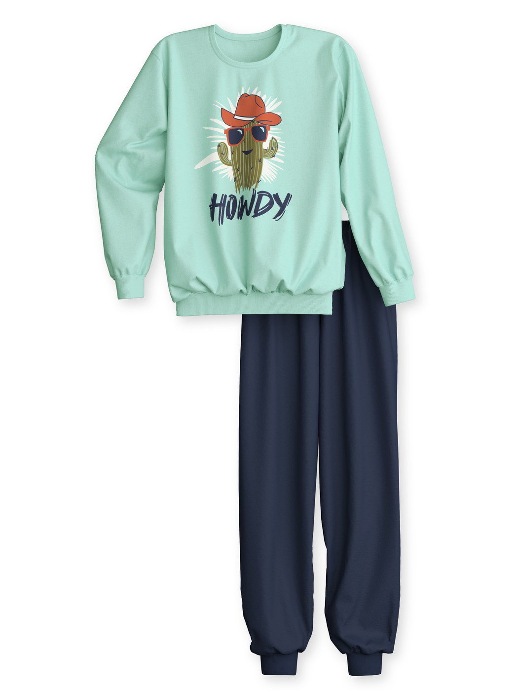 Enfant - Pyjama avec bords élastiques en 100% coton de couleur Vert, À motifs, de la série Kids Adventure de CALIDA, Vue de face, Fond blanc