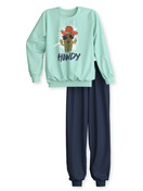 Enfant - Pyjama avec bords élastiques en 100% coton de couleur Vert, À motifs, de la série Kids Adventure de CALIDA, Vue de face, Fond blanc