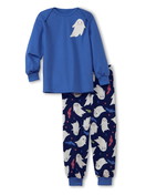 Kinder-Model trägt Kinder Bündchen-Pyjama aus 100% Baumwolle in Blau,  aus Serie Toddlers Ghost von CALIDA, Vorderansicht, Weißer Hintergrund