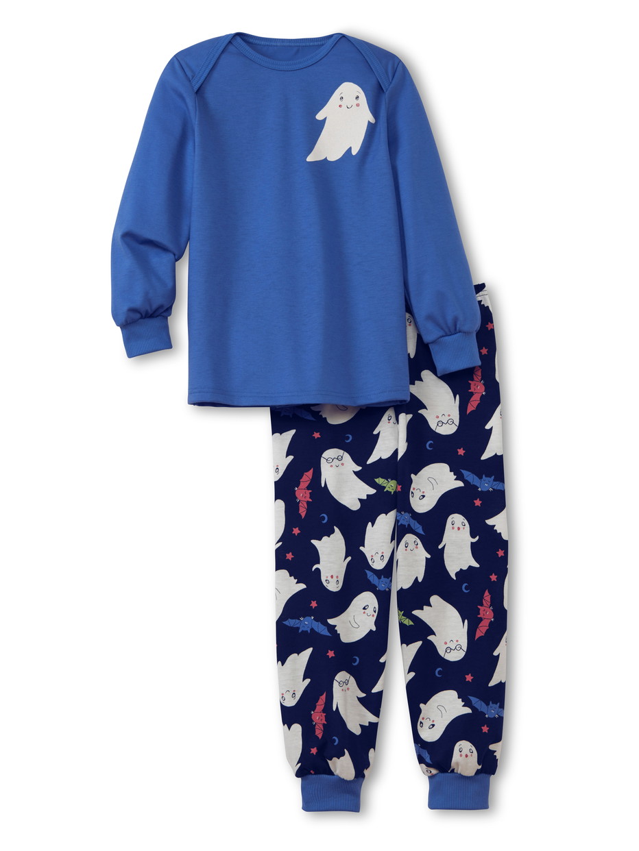La modella / Il modello Figli indossa Pigiama con polsini in 100% cotone di colore Blu, , della serie Toddlers Ghost di CALIDA, Vista frontale, Sfondo bianco