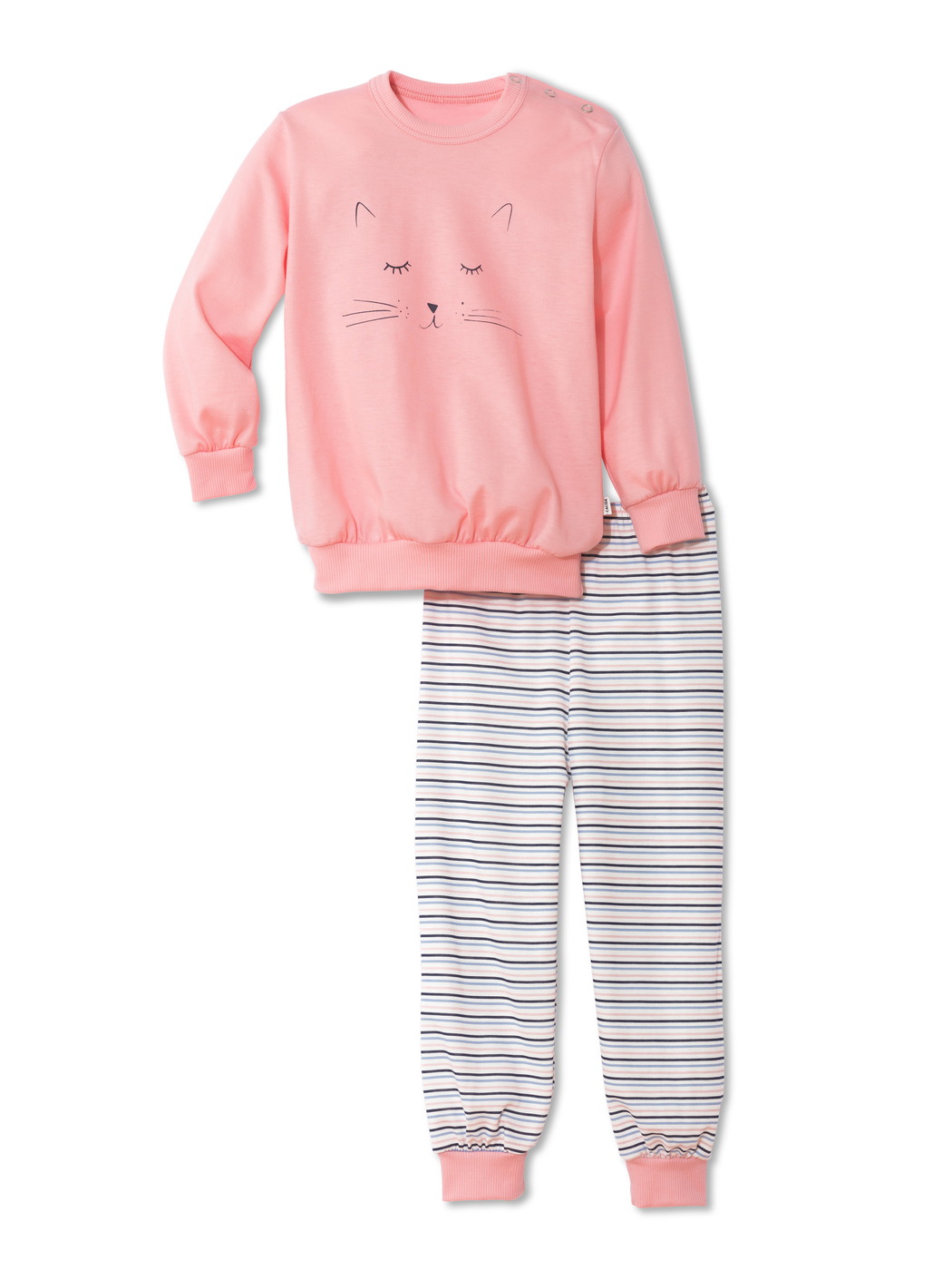 Kinder-Model trägt Kinder Bündchen-Pyjama aus 100% Baumwolle in Rosa, Gestreift aus Serie Toddlers Dreams von CALIDA, Vorderansicht, Weißer Hintergrund