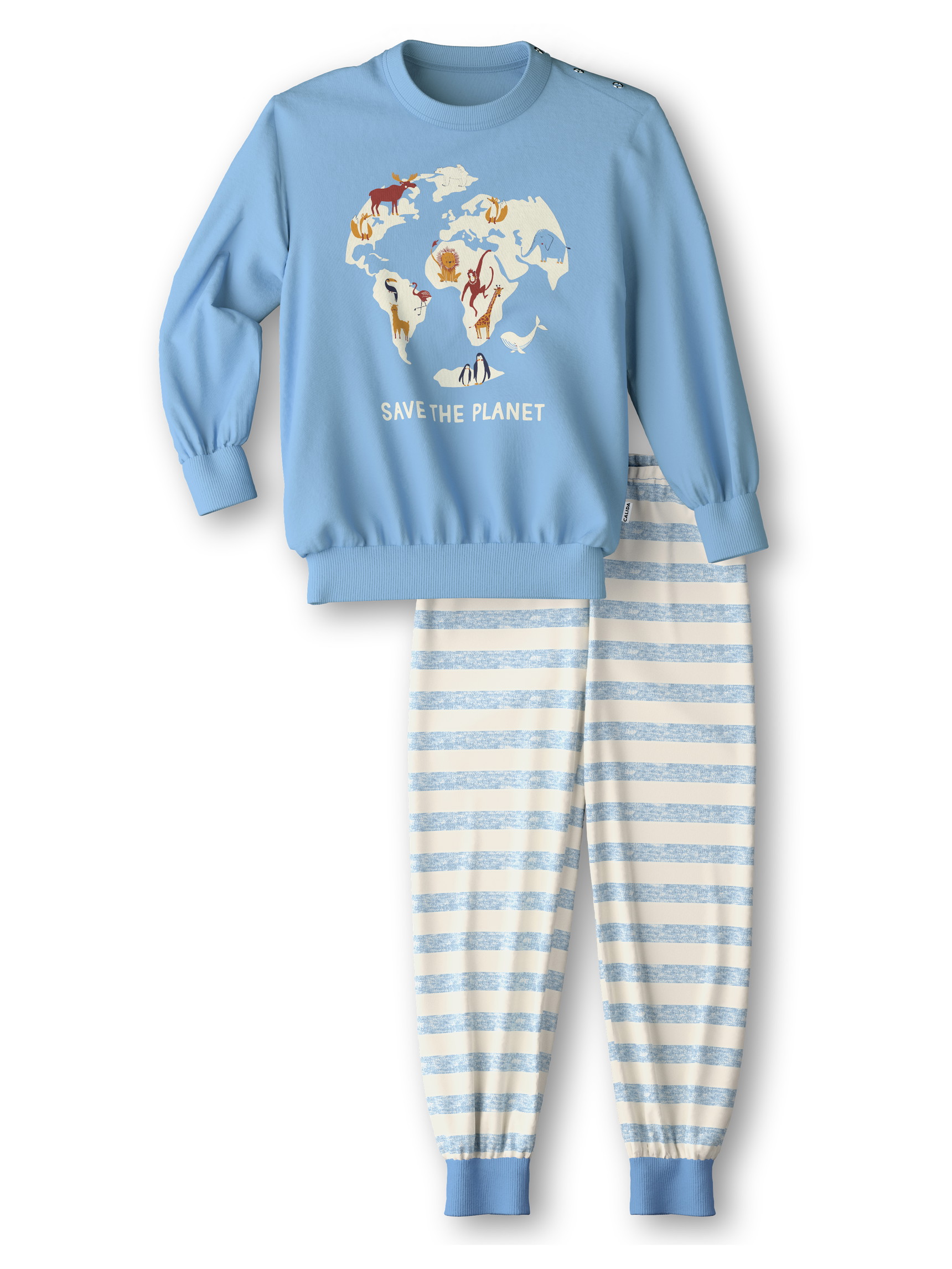 Kinder-Model trägt Kinder Bündchen-Pyjama aus 100% Baumwolle in Blau,  aus Serie Toddlers Animals von CALIDA, Vorderansicht