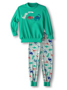 Kids model is wearing Pyjama with cuff made of 100% Cotton in Green,  from the Toddlers Dino series by CALIDA, Front view
