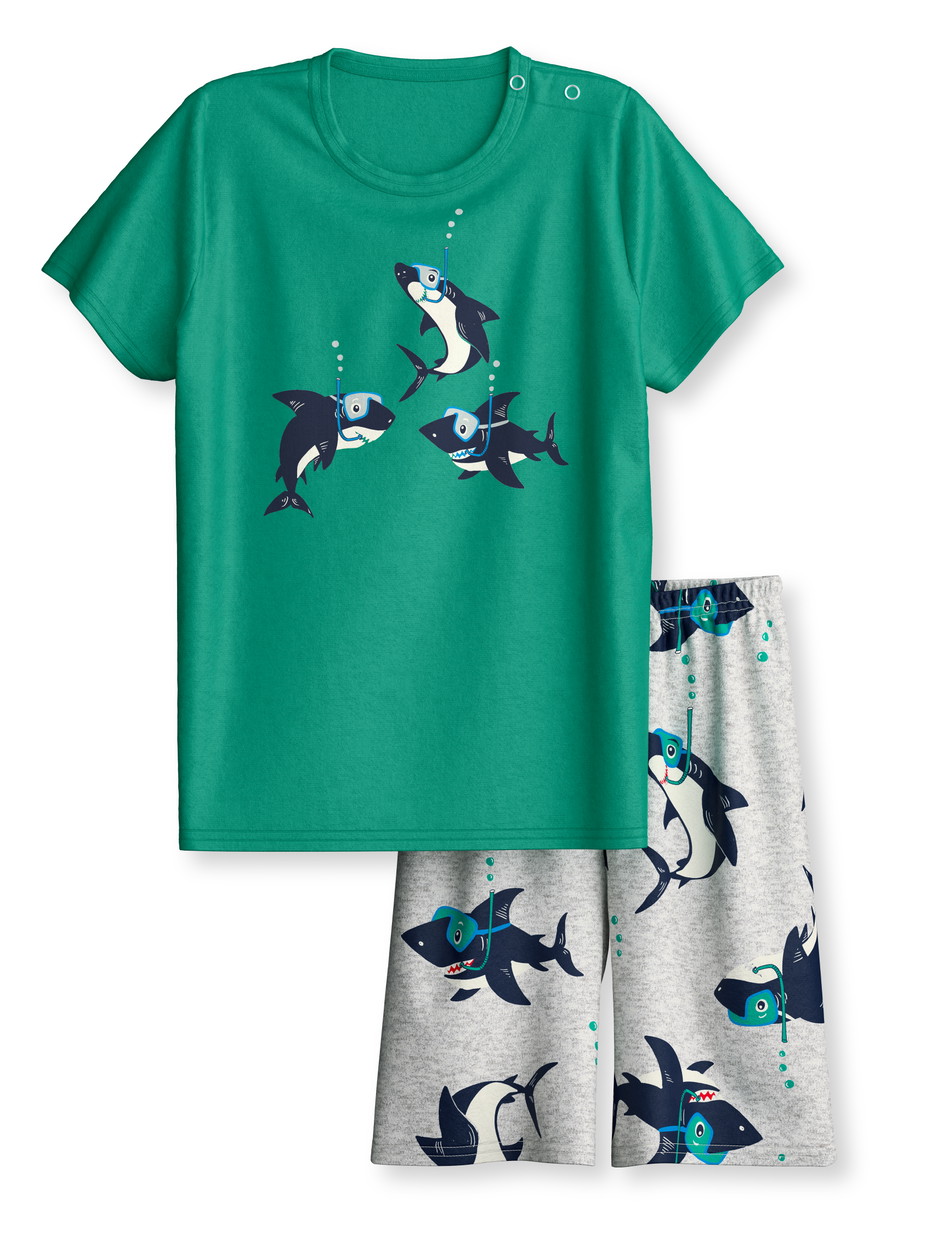 Figli - Pigiama corto in puro cotone organico in 100% cotone di colore Verde, Modello, della serie Toddlers Ocean di CALIDA, Vista frontale, Sfondo bianco