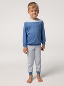 Kids model is wearing Pyjama with cuff made of 100% Cotton in Blue,  from the Toddlers Youngster series by CALIDA, Front view