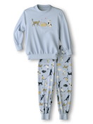 Kids model is wearing Pyjama with cuff made of 100% Cotton in Blue,  from the Toddlers Kitty series by CALIDA, Front view