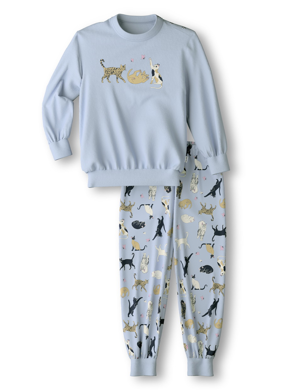 Kids model is wearing Pyjama with cuff made of 100% Cotton in Blue,  from the Toddlers Kitty series by CALIDA, Front view