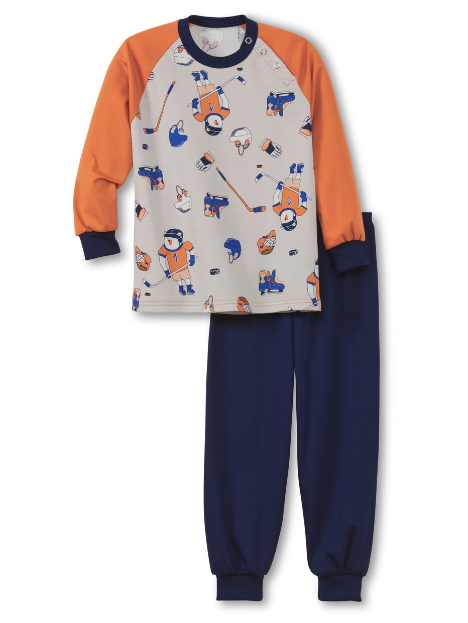 La modella / Il modello Figli indossa Pigiama con polsini in 100% cotone di colore Arancione, , della serie Toddlers Hockey di CALIDA, Vista frontale, Sfondo bianco