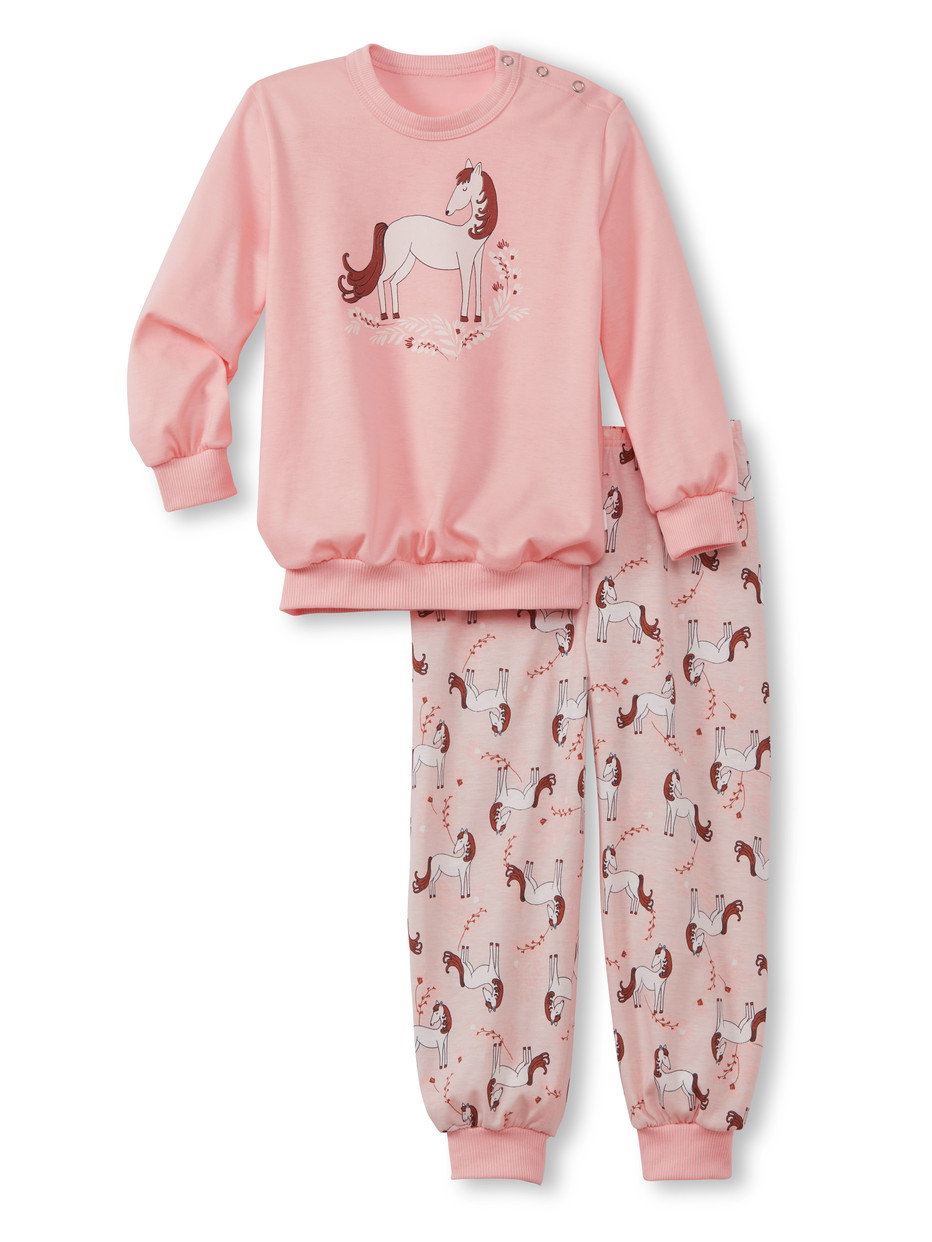 Kids model is wearing Pyjama with cuff made of 100% Cotton in Pink,  from the Toddlers Horse series by CALIDA, Front view, White background