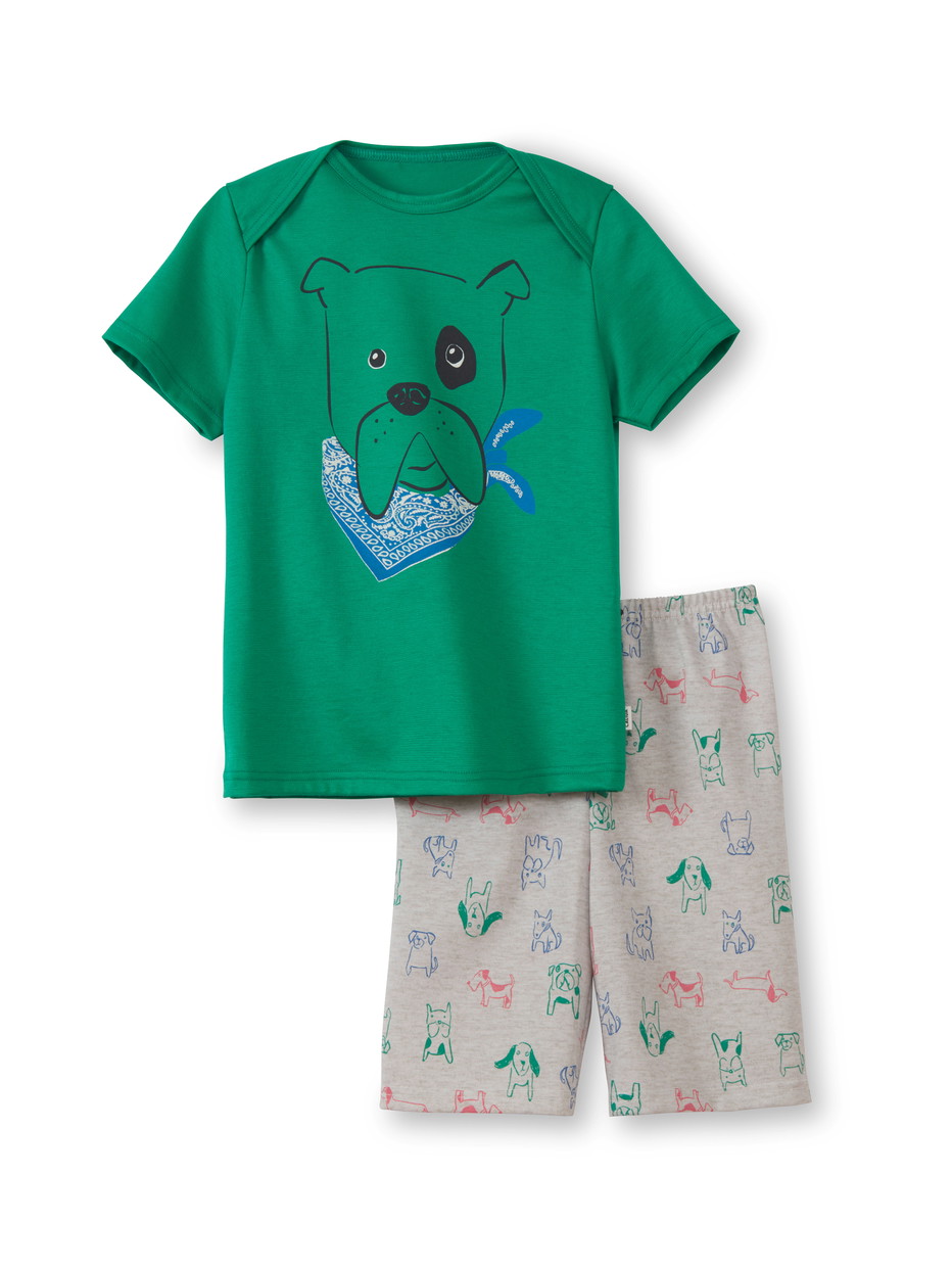 La modella / Il modello Figli indossa Pigiama corto in 100% cotone di colore Verde, Motivo, della serie Toddlers Puppy di CALIDA, Vista frontale, Sfondo bianco