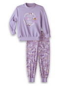 Kids model is wearing Pyjama with cuff made of 100% Cotton in Purple,  from the Toddlers Botanic series by CALIDA, Front view