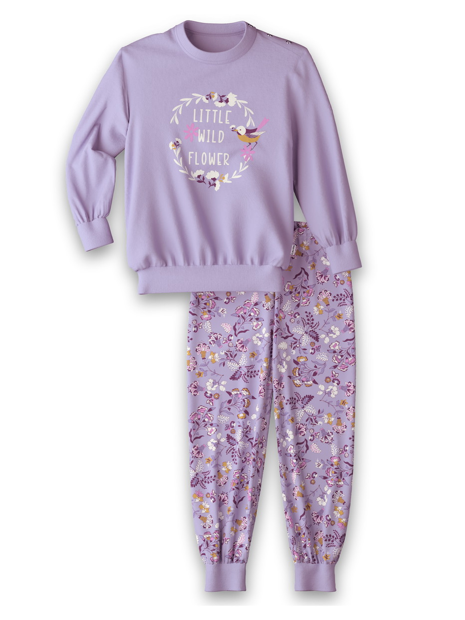 Kids model is wearing Pyjama with cuff made of 100% Cotton in Purple,  from the Toddlers Botanic series by CALIDA, Front view