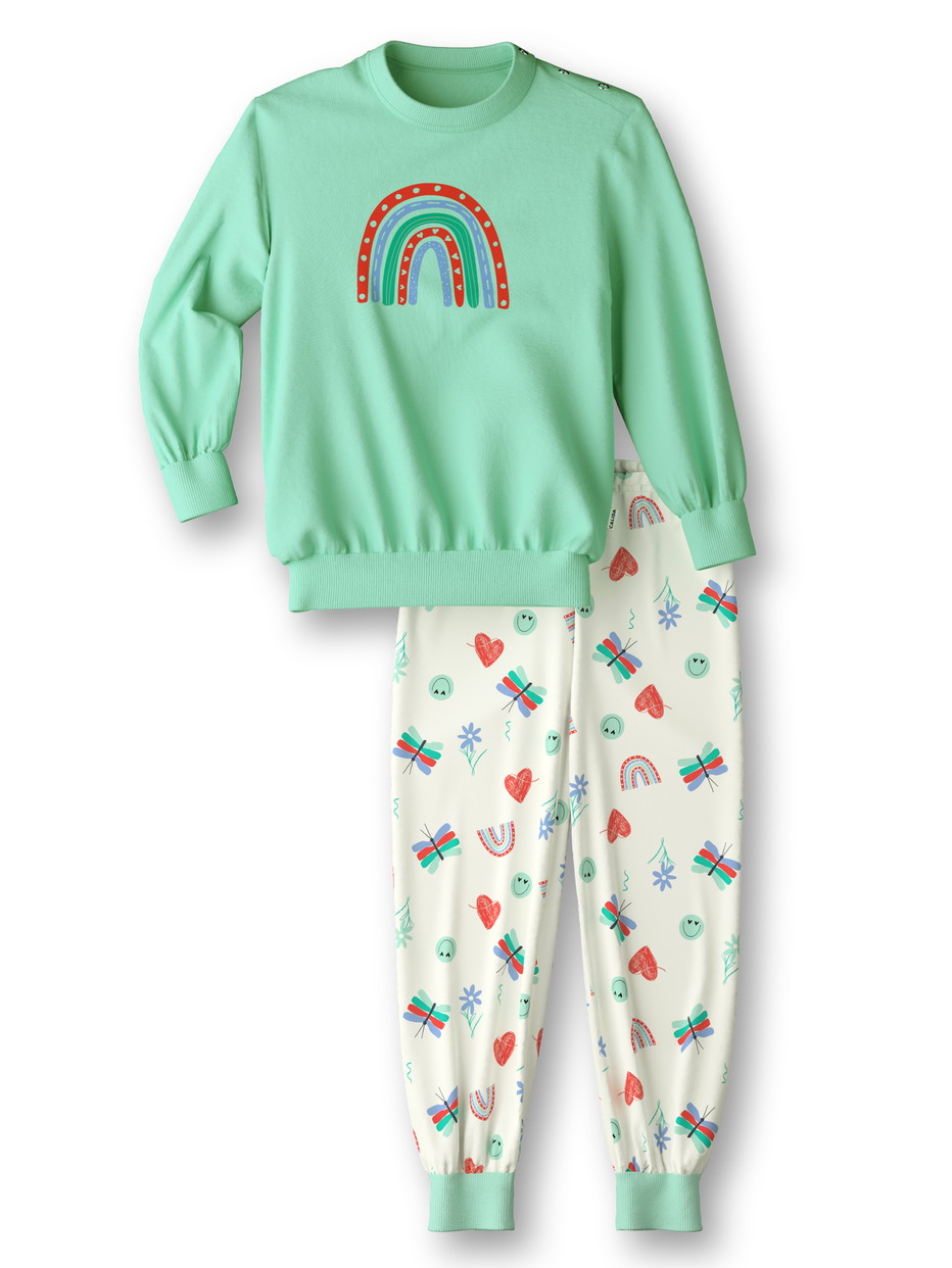 Kinder-Model trägt Kinder Bündchen-Pyjama aus 100% Baumwolle in Türkis,  aus Serie Toddlers Doodle von CALIDA, Vorderansicht