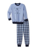 Kids model is wearing Pyjama with cuff made of 100% Cotton in Blue, Checked from the Toddlers Nights series by CALIDA, Front view, White background