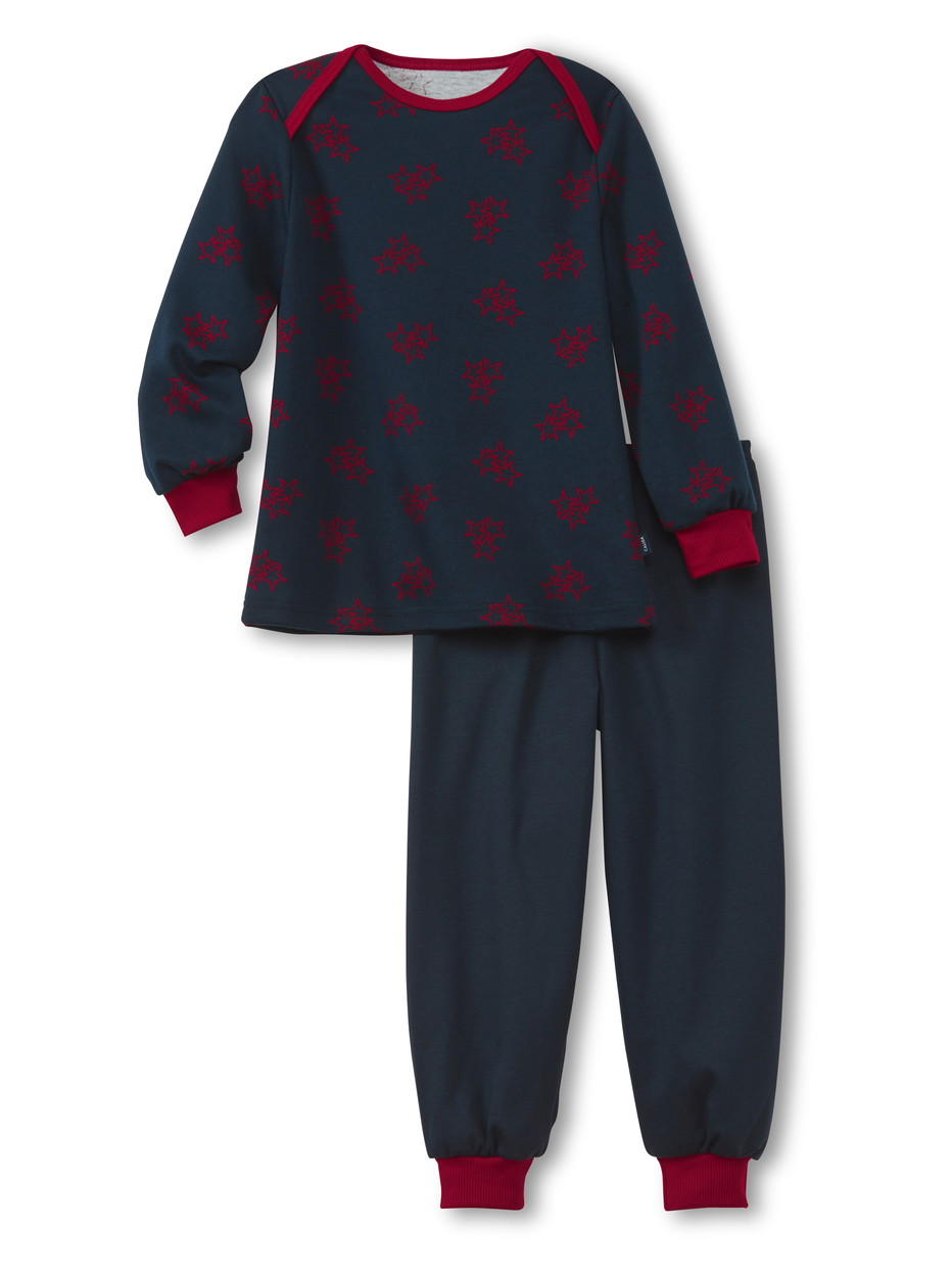 Kids model is wearing Pyjama with cuff made of 100% Cotton in Blue,  from the Family & Friends series by CALIDA, Front view, White background