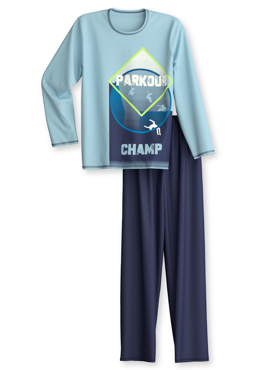 Figli - Pigiami, lunghi in 100% cotone di colore Blu, Modello, della serie Kids Parkour di CALIDA, Vista frontale, Sfondo bianco
