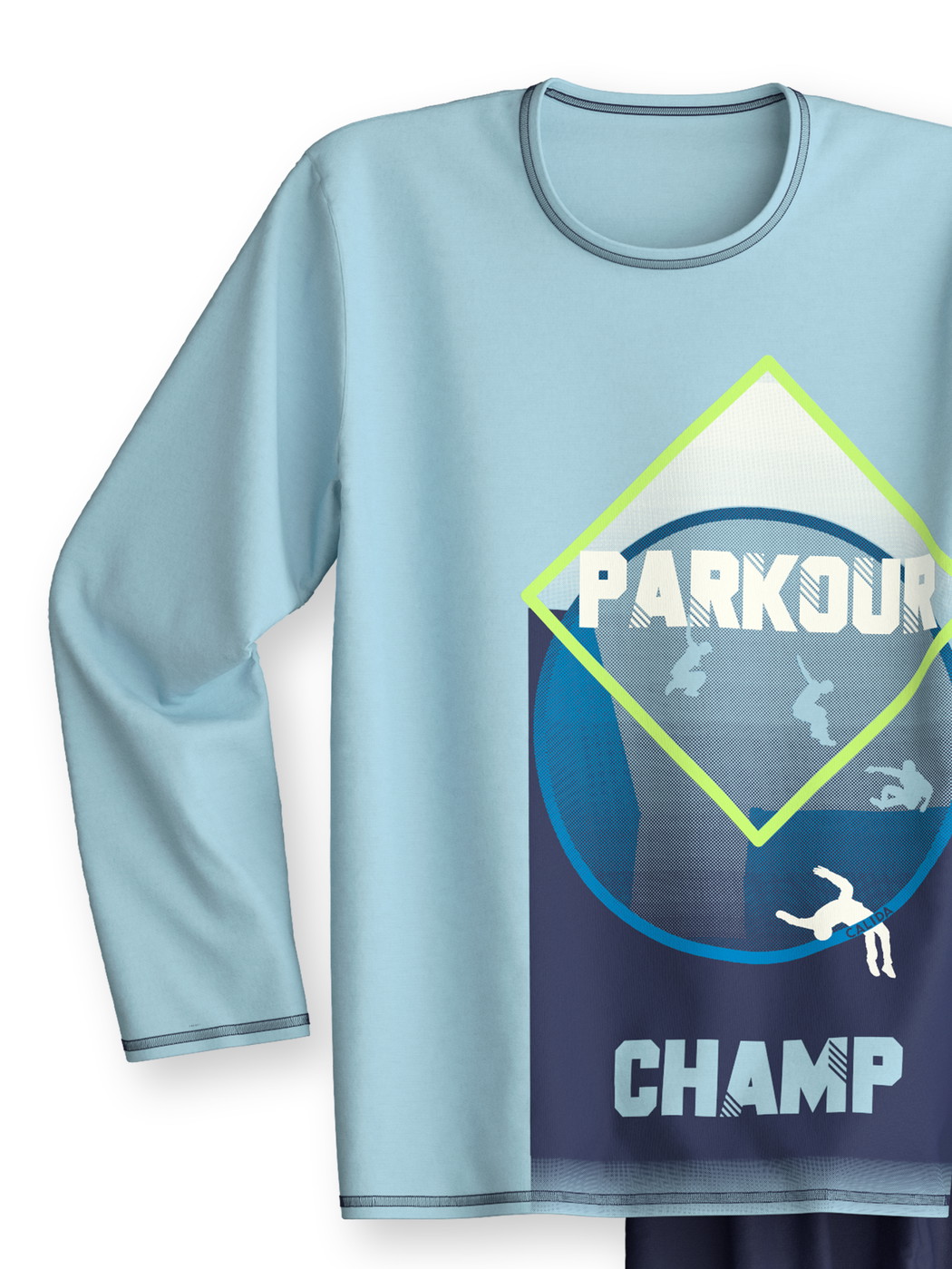 Figli - Pigiami, lunghi in 100% cotone di colore Blu, Modello, della serie Kids Parkour di CALIDA, Vista frontale, Sfondo bianco