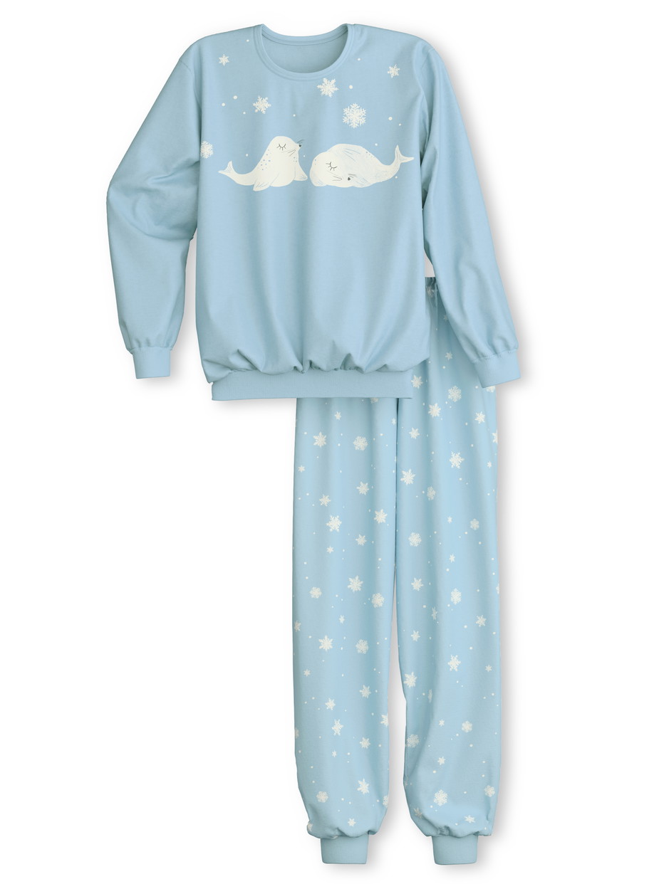 Kinder - Bündchen-Pyjama aus 100% Baumwolle in Blau, Motiv aus Serie Kids Snowflakes von CALIDA, Vorderansicht, Weißer Hintergrund