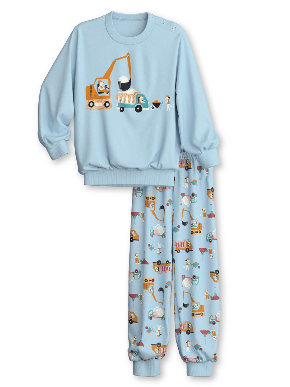 Kinder - Bündchen-Pyjama aus 100% Baumwolle in Blau, Gemustert aus Serie Toddlers Worker von CALIDA, Vorderansicht, Weißer Hintergrund