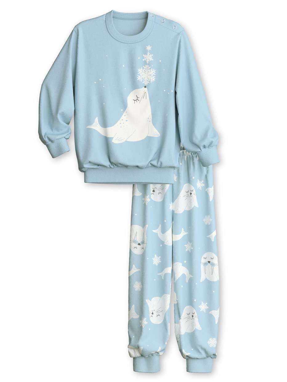 Kinder - Bündchen-Pyjama aus 100% Baumwolle in Blau, Gemustert aus Serie Toddlers Seal von CALIDA, Vorderansicht, Weißer Hintergrund