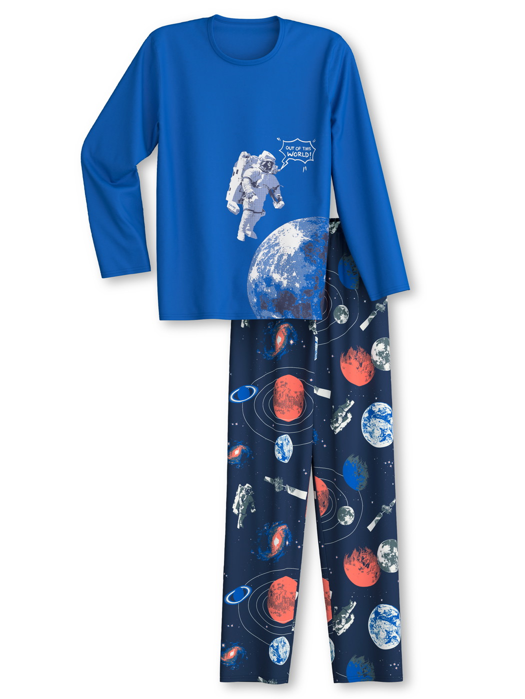 Figli - Pigiami, lunghi in 100% cotone di colore Blu, Modello, della serie Kids Space di CALIDA, Vista frontale, Sfondo bianco