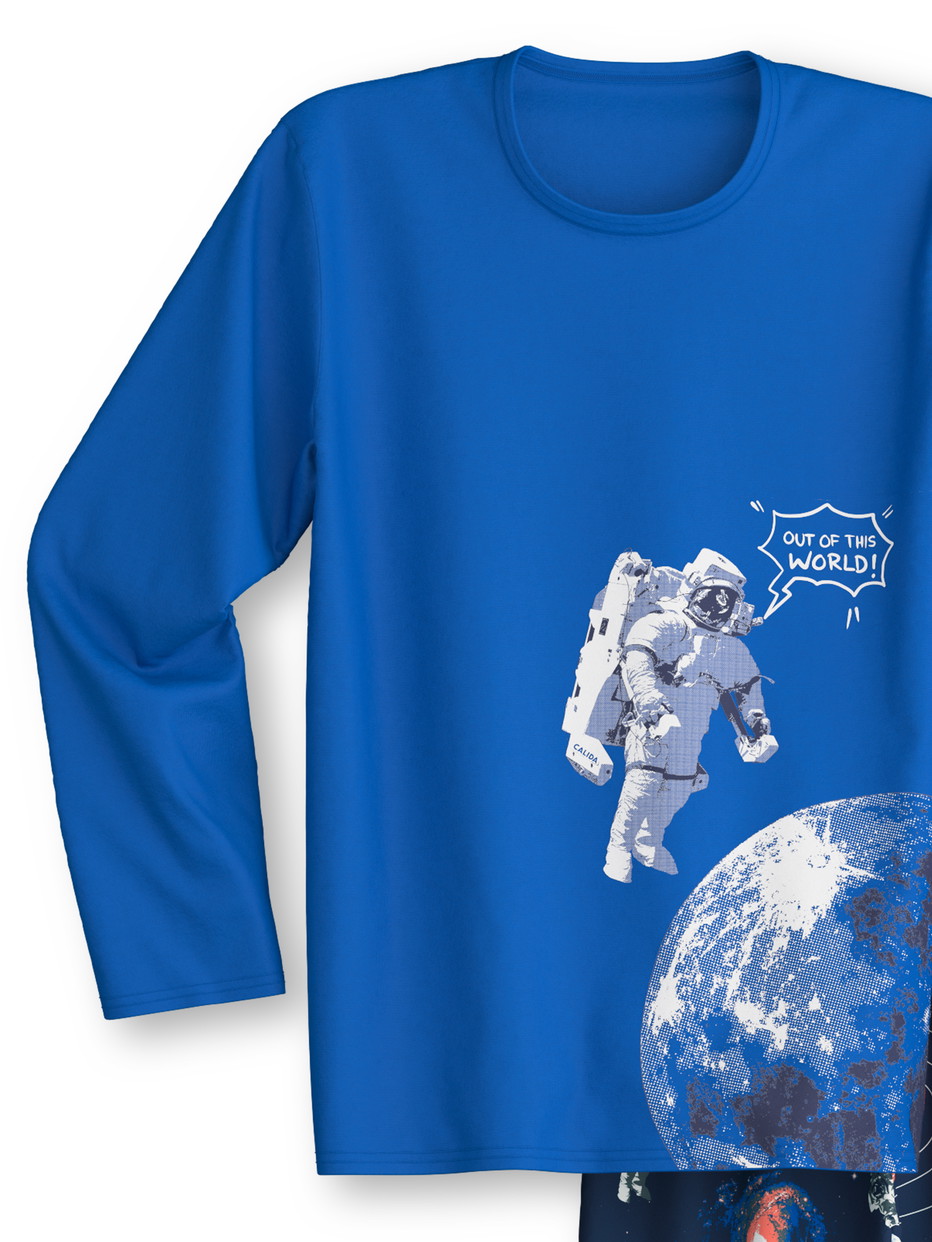 Figli - Pigiami, lunghi in 100% cotone di colore Blu, Modello, della serie Kids Space di CALIDA, Vista frontale, Sfondo bianco
