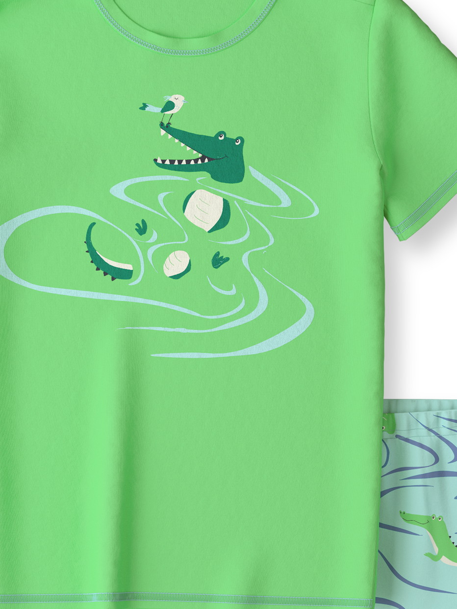 Enfant - Pyjama court en 100% coton de couleur Vert, Motif, de la série Toddlers Crocodile de CALIDA