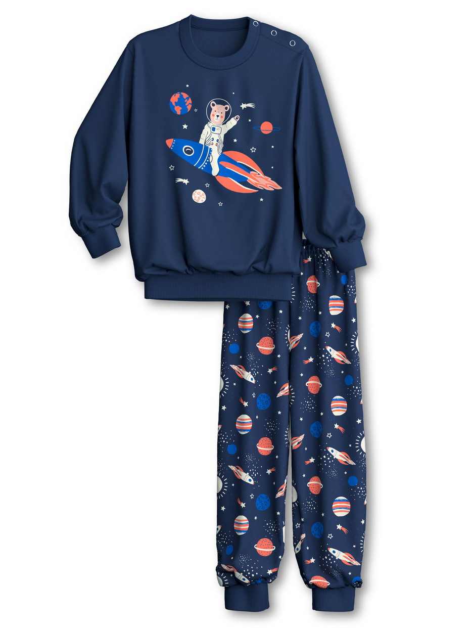 Kinder - Bündchen-Pyjama aus 100% Baumwolle in Blau, Gemustert aus Serie Toddlers Space von CALIDA, Vorderansicht, Weißer Hintergrund