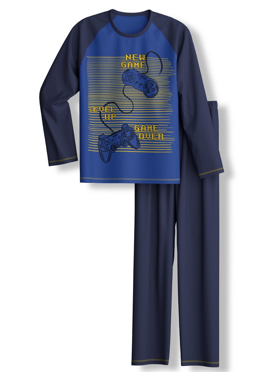Kinder - Pyjama, lang aus 100% Baumwolle in Blau, Motiv aus Serie Kids Game von CALIDA, Vorderansicht, Weißer Hintergrund