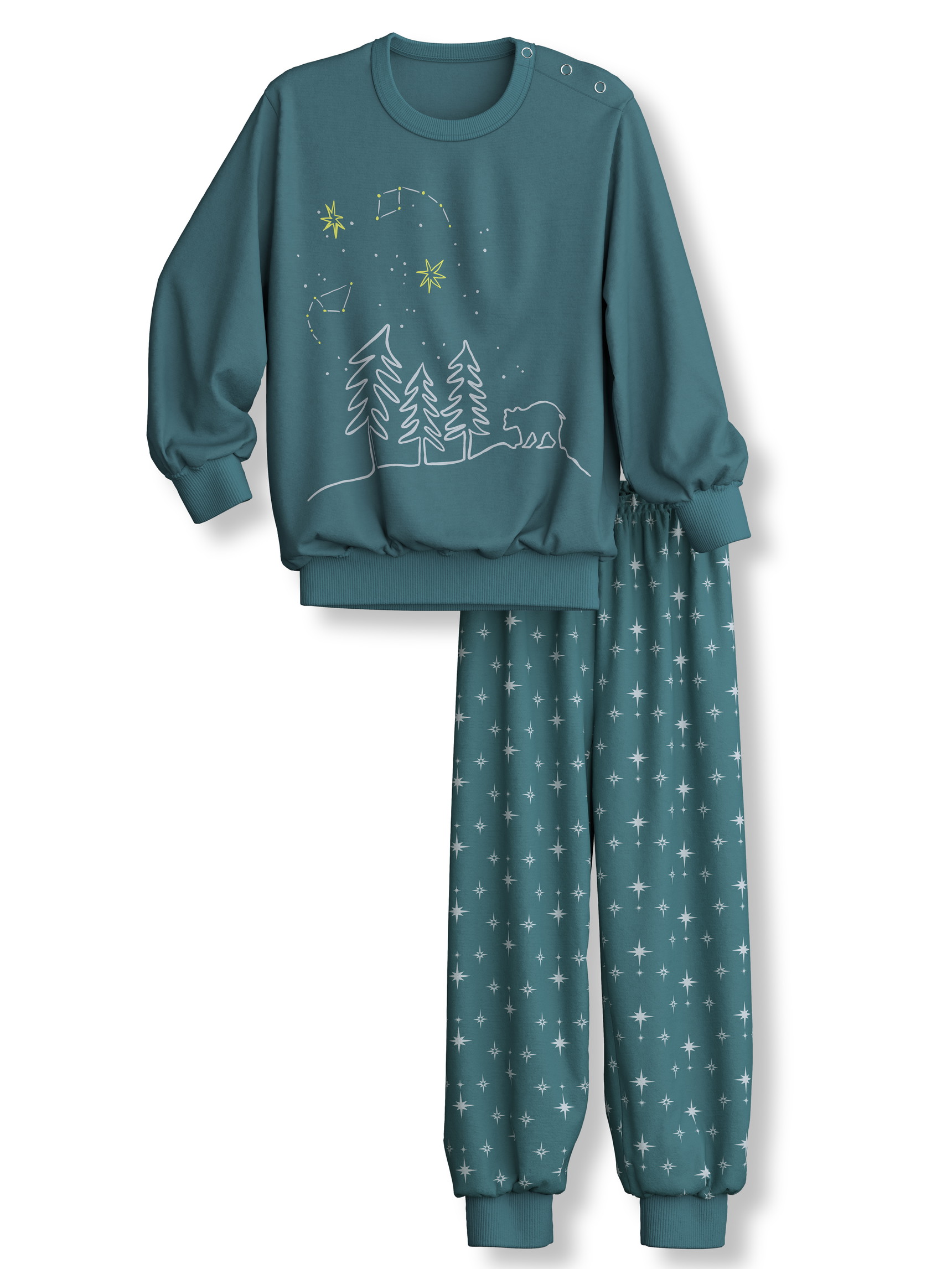 Kinder - Bündchen-Pyjama aus 100% Baumwolle in Grün, Motiv aus Serie Toddlers Stars von CALIDA, Vorderansicht, Weißer Hintergrund