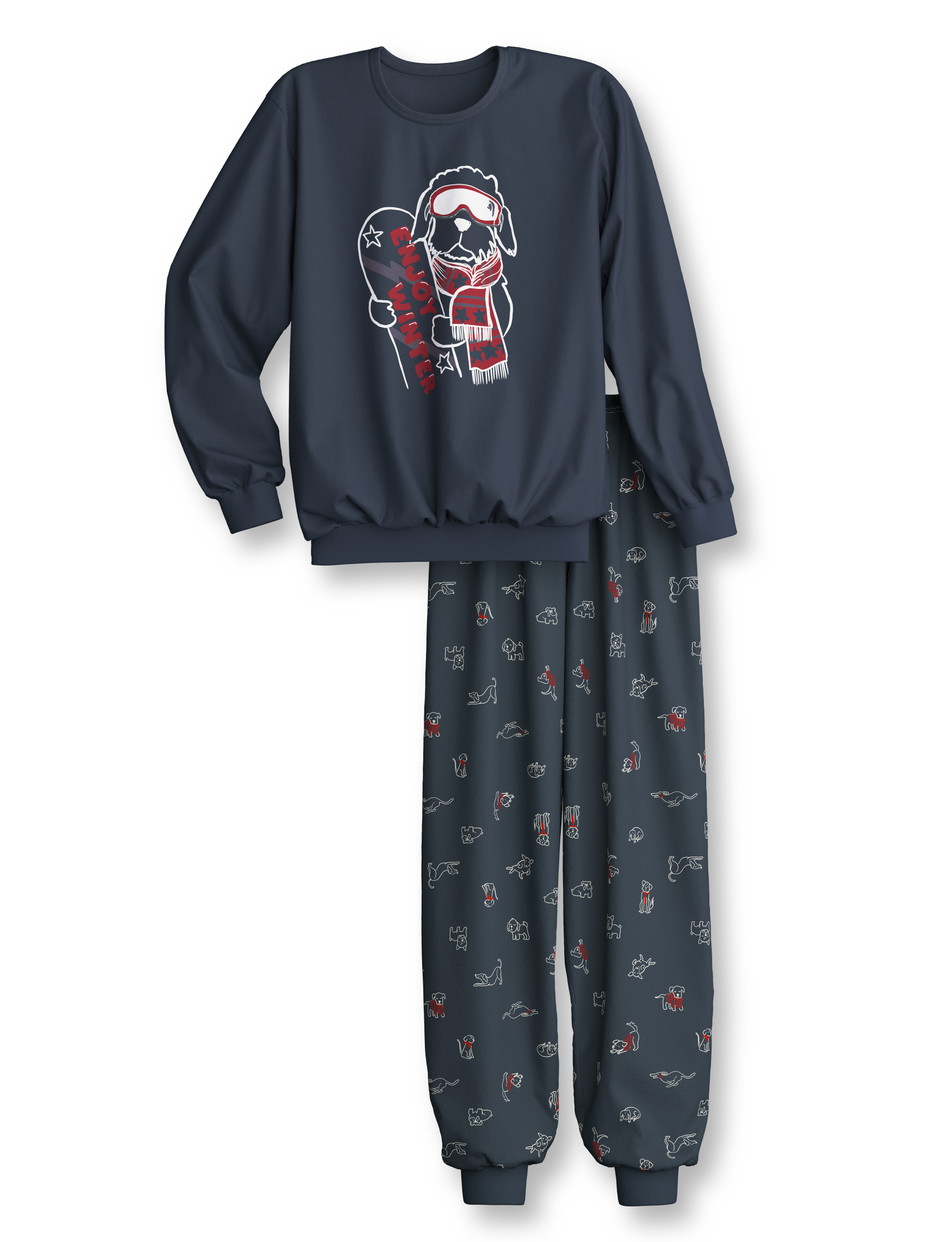 Kinder - Bündchen-Pyjama aus 100% Baumwolle in Blau, Gemustert aus Serie Family & Friends von CALIDA, Vorderansicht, Weißer Hintergrund