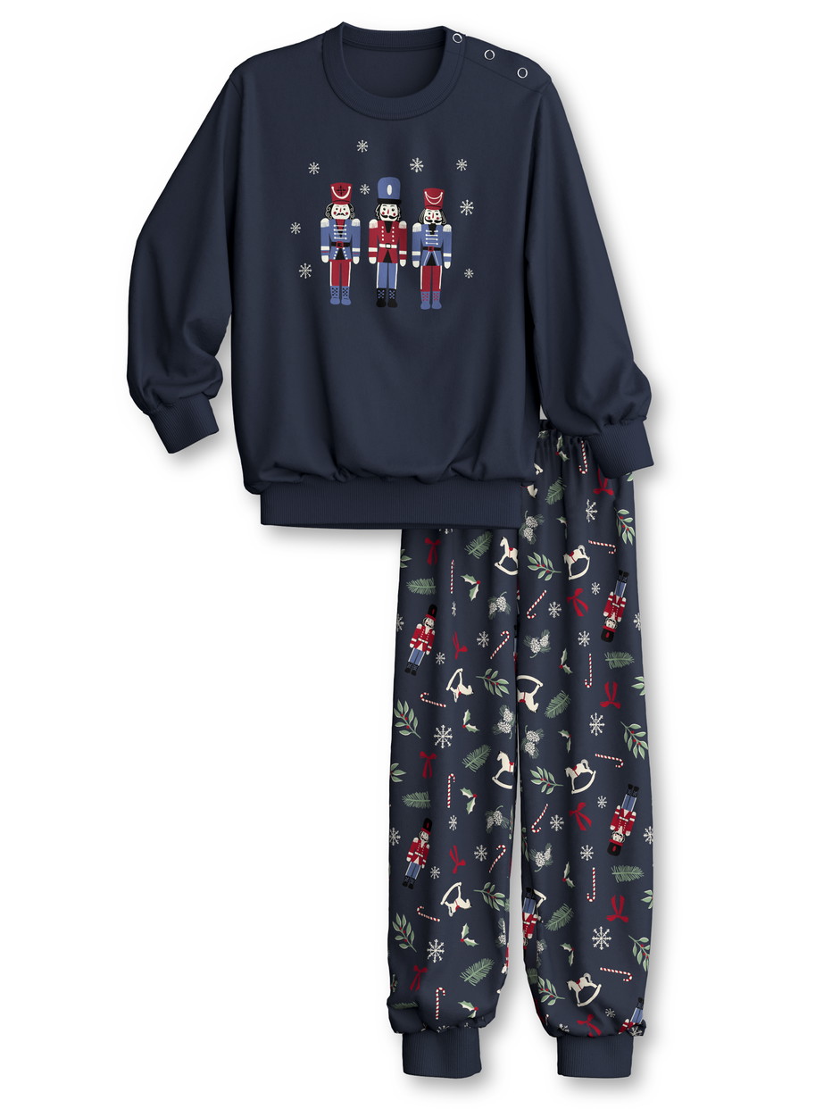 La modella / Il modello Figli indossa Pigiama con polsini in 100% cotone di colore Blu, Motivo, della serie Family & Friends di CALIDA, Vista frontale