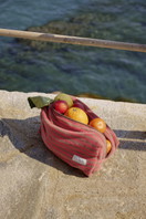 Women model is wearing Terry cloth cosmetic bag made of Cotton in Brown, Striped from the Lounge Stripe series by CALIDA, Additional Image
